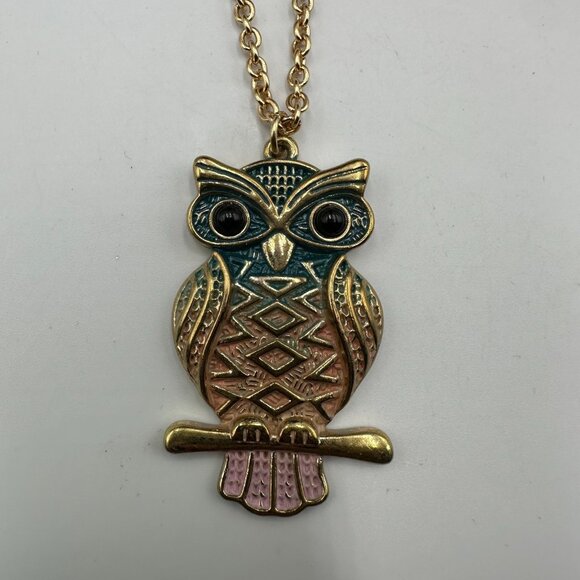 3/$30 Owl Pendant Necklace Gold Tone Multicolored Enamel Geometric Long Chain - Picture 1 of 12